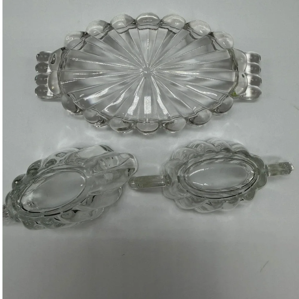 Vintage Clear Pressed Glass Cream and Sugar Set with Scalloped Oval Tray 3pc